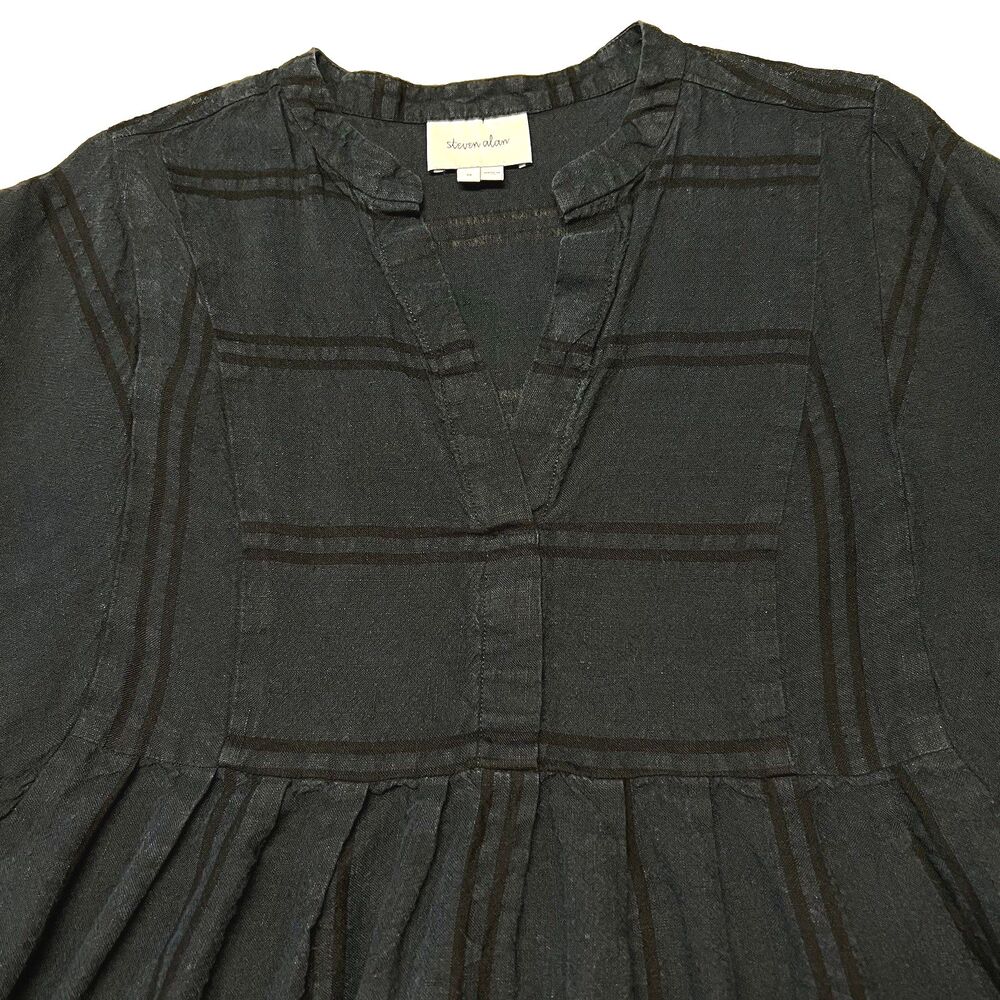 Steven Alan Womens 99% Linen Cotton Navy Black Stripe Dress USA Made Boho Medium - Picture 9 of 16